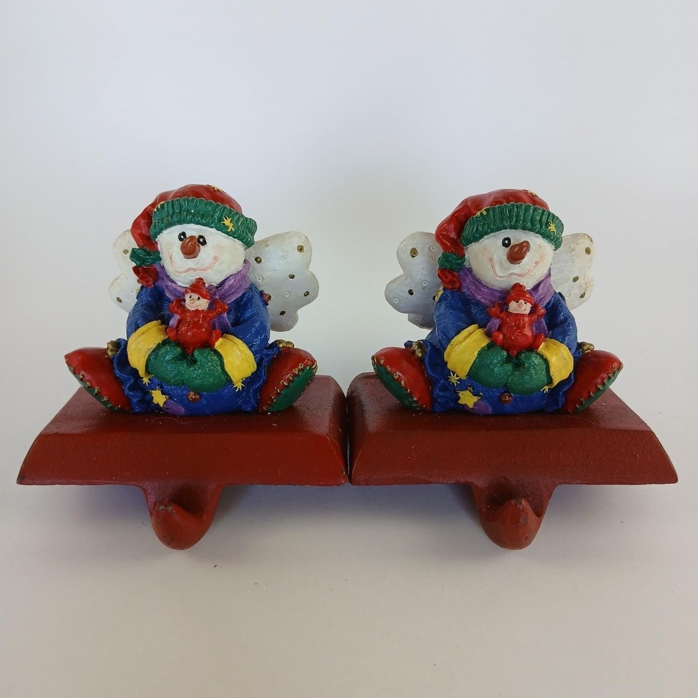Vintage Snowman Angel Cast Iron Stocking Holder Hook Set Of 2